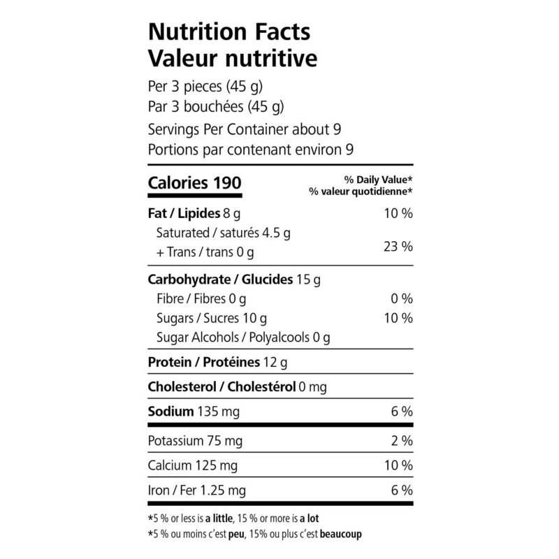 Nutrition facts label for Protein Bites, detailing calories, fat, carbohydrates, and protein content.