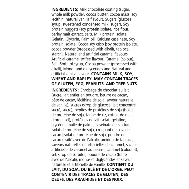 Protein Bites ingredients list showing milk chocolate coating, soy protein, and allergy warnings for gluten and nuts.