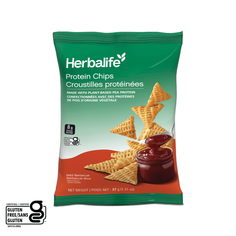 Protein Chips: Mild Barbecue bag featuring crispy snacks with 8g plant-based protein and no cholesterol.