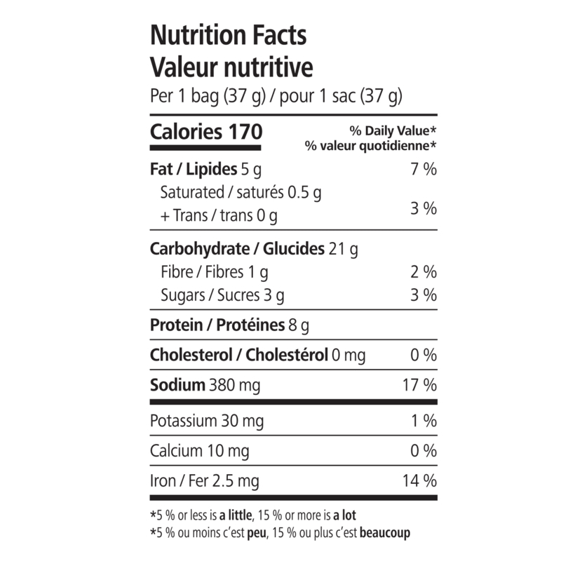 Nutrition facts for Protein Chips: Mild Barbecue, highlighting 8g protein, 170 calories, and no cholesterol.
