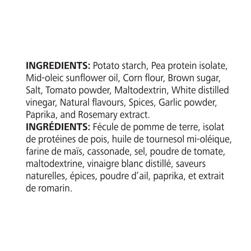 Protein Chips: Mild Barbecue ingredients list including potato starch, pea protein isolate, and natural flavors.