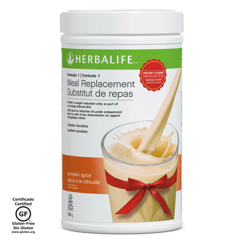 Formula 1 Complete Meal Replacement Shake Pumpkin Spice flavor in 750 g container with a creamy texture.