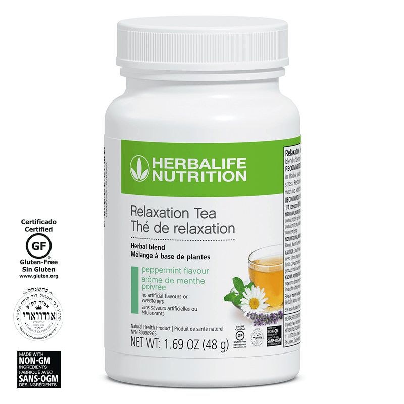 Peppermint Relaxation Tea - Calm Blend with Lemon Balm in a Herbalife container with a glass of tea.