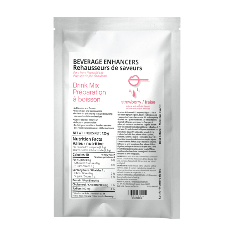 Beverage Enhancers Drink Mix Strawberry flavor in a white package with nutrition facts and usage instructions.