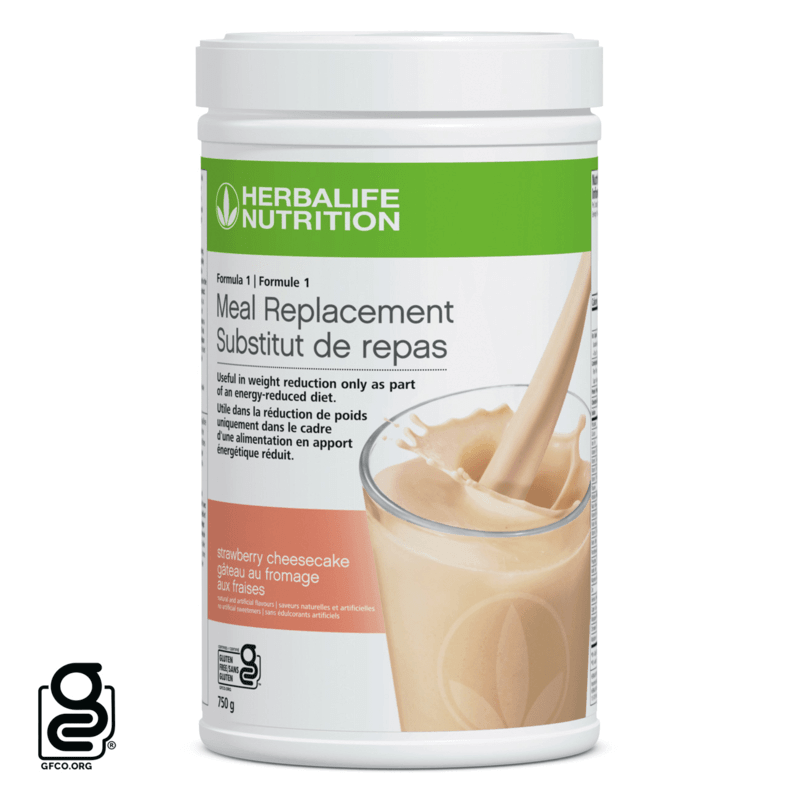 Formula 1 Complete Meal Replacement Shake, Strawberry Cheesecake flavor, 750g container, nutritious meal alternative.