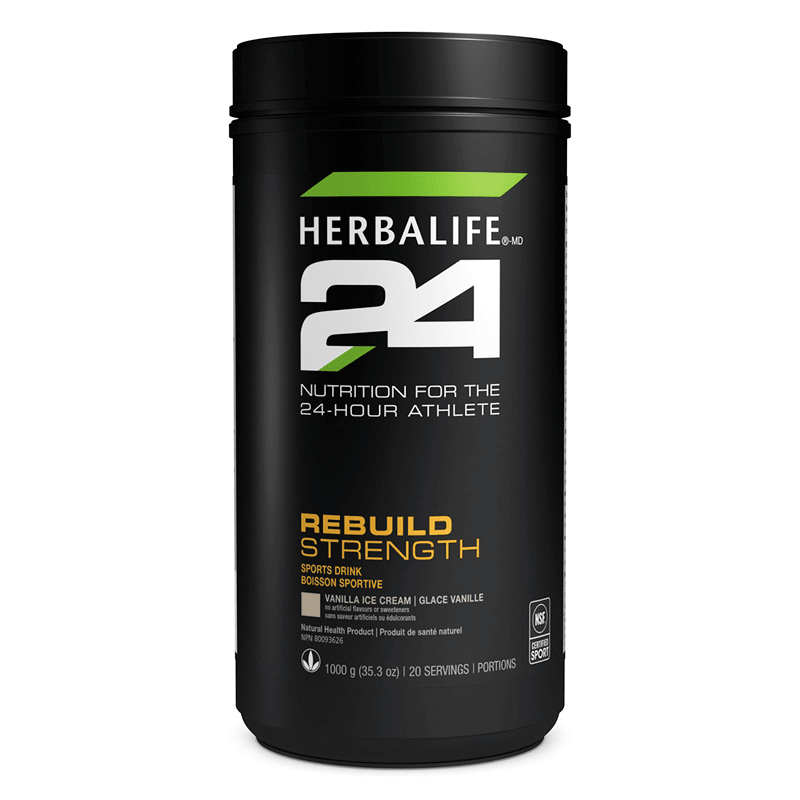 Herbalife24 Rebuild Strength Vanilla Ice Cream sports drink with 24g protein per serving in a black container.