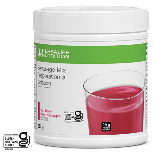 Beverage Mix wild berry flavor in a container with a glass, featuring 15 grams of protein and gluten-free certification.