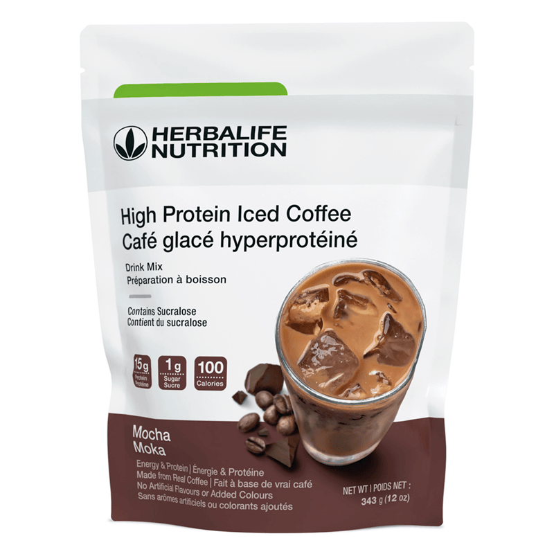High Protein Iced Coffee mocha drink mix featuring real coffee and whey protein in a 343g package.