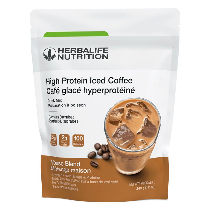 High Protein Iced Coffee drink mix packaging featuring House Blend flavor and iced coffee in a glass