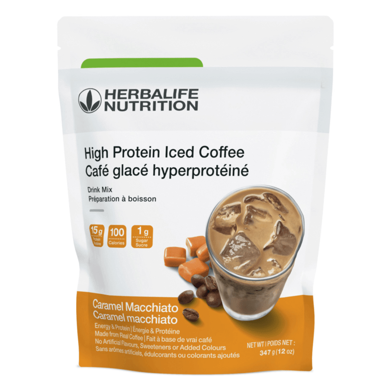 High Protein Iced Coffee Caramel Macchiato drink mix featuring coffee, whey protein, and caramel flavors.
