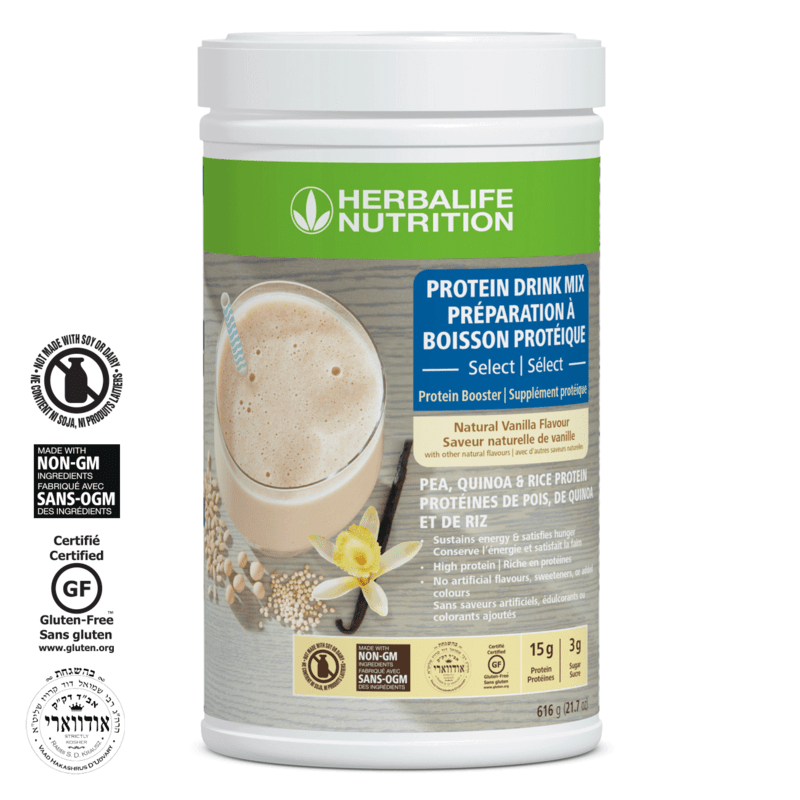 Protein Drink Mix Select: Natural Vanilla flavour powder container with milkshake and vanilla bloom.