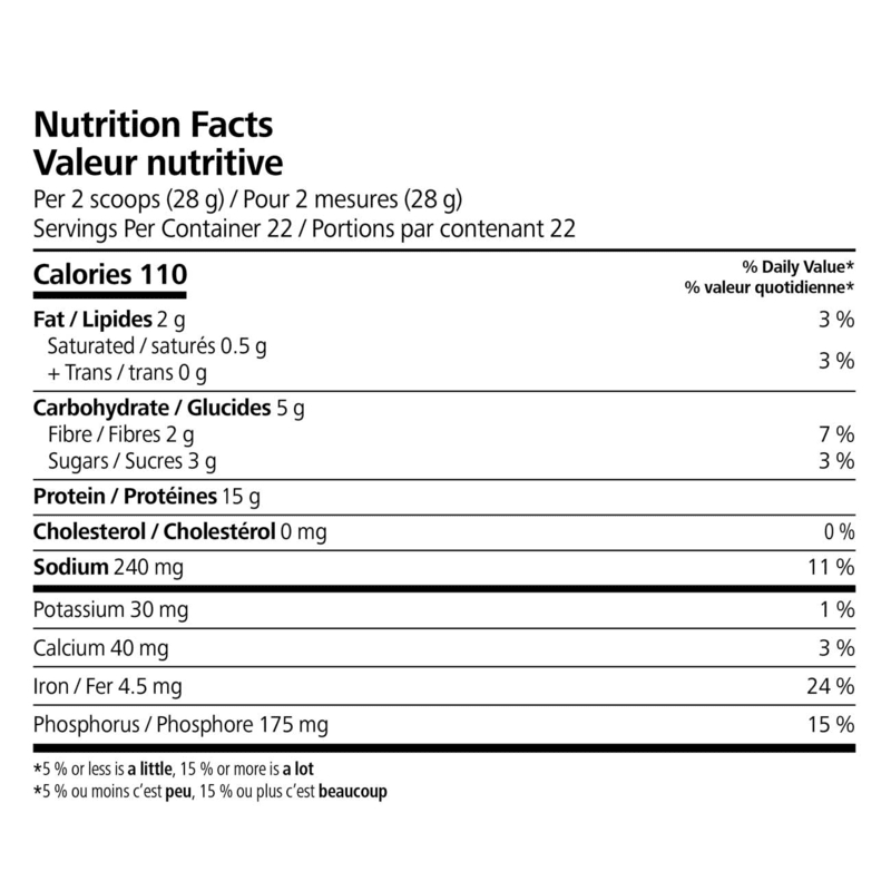 Nutrition facts for Protein Drink Mix Select: Natural Vanilla flavour including calories and nutrients.
