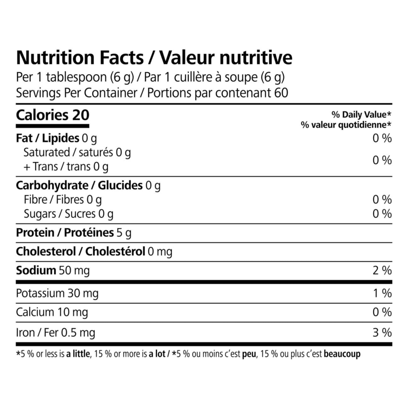 Nutrition facts for Personalized Protein Powder showing calories and protein content.