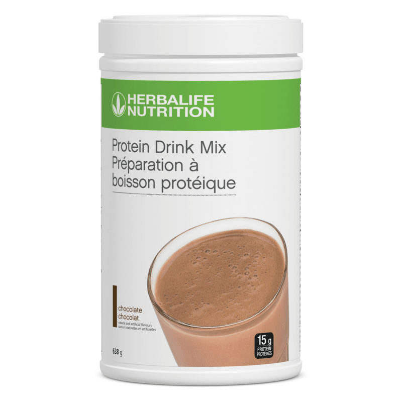 Herbalife Protein Drink Mix in chocolate flavor, 638g container for nutritious protein snacks and hunger control.