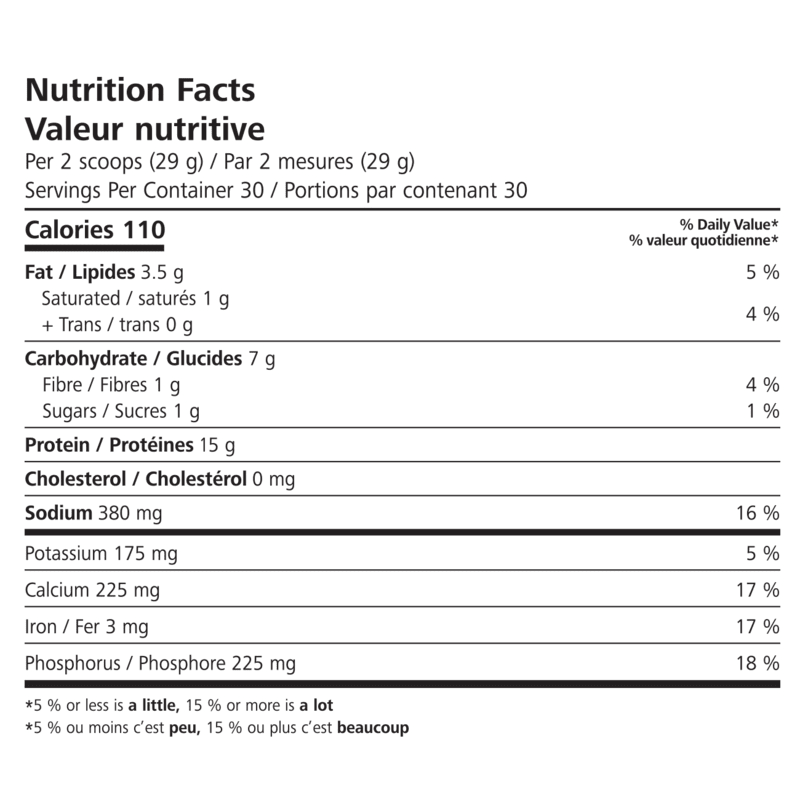 Nutrition Facts for Protein Drink Mix including calories, protein, and other nutrients per serving.
