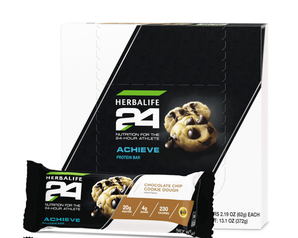 Herbalife24 Achieve Protein Bar: Chocolate Chip Cookie Dough 6 bars per box with nutrition information and packaging.