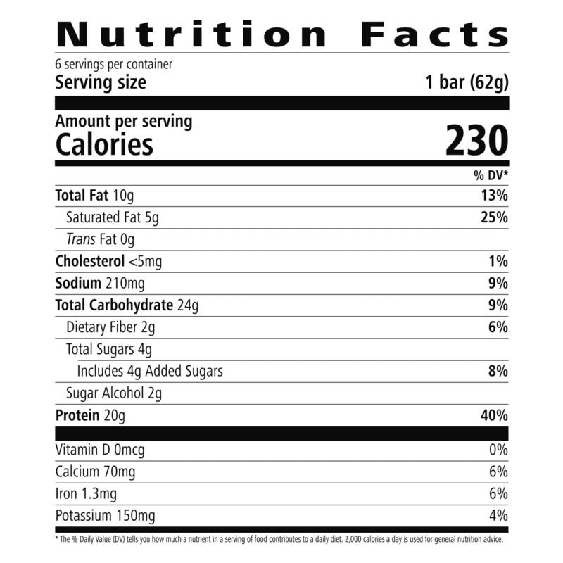 Nutrition facts label for Herbalife24 Achieve Protein Bar: Chocolate Chip Cookie Dough 6 bars per box highlighting protein content.