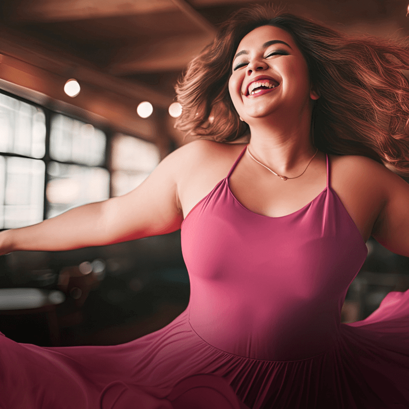 Smiling woman in pink dress dancing joyfully, embodying confidence and happiness, showcasing wellness lifestyle inspired by Nutrition Companion Classic.